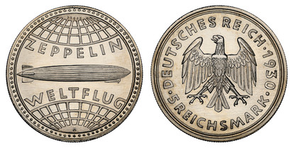 1076816 GERMANY, WEIMAR REPUBLIC. 1930-A AR Pattern or Probe 5 Reichsmark. NGC PR66.  Berlin. 35.9mm. 25gm. Eagle, denomination below / Zeppelin across globe, date below. KM 68; Schaaf 343/G 6.

Graf Zeppelin flight.

Please use this link to verif...