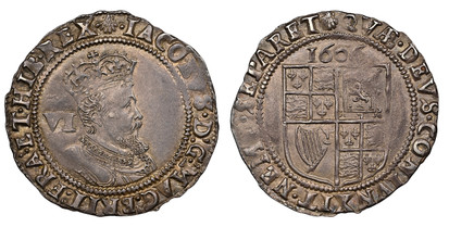 1077045 GREAT BRITAIN. England. James I. (King, 1603-1625). 1606-(Escallop) AR Sixpence. NGC AU58.  Fourth bust, right; denomination VI behind head / Date above quartered shield of arms. KM 48; SCBC-2658; North 2103.
Ex. E. Burstal Collection, Gle...