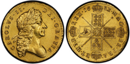 1078022 GREAT BRITAIN. England. Charles II. (King, 1660-1685). 1682 AV Five Guineas. PCGS Genuine - AU Details Repaired.  Edge: RY T. QVARTO. Second bust with rounded truncation. KM 444.1; SCBC-3331; ESG-195; MCE 2; Friedberg 281.

Lightly smoothe...