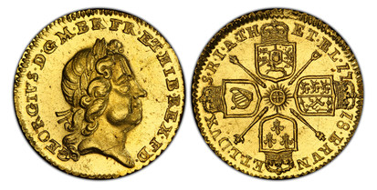 1077057 GREAT BRITAIN. George I. (King, 1714-1728). 1718 AV Quarter-Guinea. PCGS MS64.  GEORGIVS  · D · G · M · BR · FR · ET · HIB · REX · F · D ·. Laureate head right / Crowned shields in cruciform, scepters at angles. KM 555; SCBC-3638; Fr.-331....