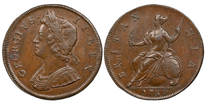 1077066 GREAT BRITAIN. George II. (King, 1727-1760). 1730 CU Halfpenny. NGC MS63BN . Laureate bust left / BRITAN - NIA ·. Brittania seated left. Brittania seated left. KM 566; SCBC-3717.