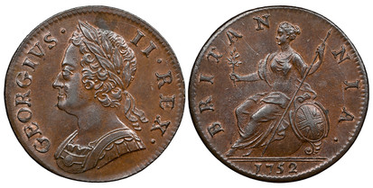 1077068 GREAT BRITAIN. George II. (King, 1727-1760). 1752 CU Halfpenny. NGC MS63BN (Brown).  By John Tanner. Edge: Plain. GEORGIVS · - II · REX ·. Laureate bust left / BRITAN - NIA ·. Brittania seated left. KM 579.2; SCBC-3719.

Please use this li...