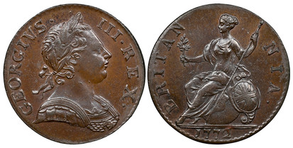 1077074 GREAT BRITAIN. George III. (King, 1760-1820). 1772 CU Halfpenny. NGC MS65BN (Brown).  GEORGIVS · - III · REX ·. Laureate bust right / BRITAN - NIA ·. Brittania seated left. KM 601; SCBC-3774; Peck 901.

Please use this link to verify the N...