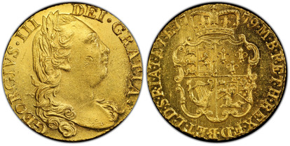 1077585 GREAT BRITAIN. George III. (King, 1760-1820). 1779 AV Guinea. PCGS MS62.  GEORGIVS · III - DEI · GRATIA ·. Laureate head right / F · D · B · ET · L · D · S · R · I · A · T · ET · E · - M · B · F · ET · H · REX ·. Crowned 4-fold arms. KM 60...