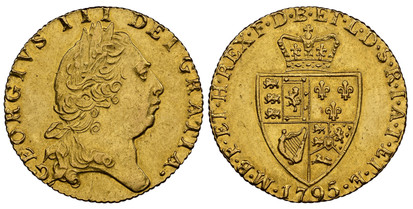 1078039 GREAT BRITAIN. George III. (King, 1760-1820). 1795 AV Guinea. NGC MS60.  GEORGIVS III DEI GRATIA ·. Laureate head right / F · D · B · ET · L · D · S · R · I · A · T · ET · E · - M · B · F · ET · H · REX ·. Crowned 4-fold spade arms. KM 609...