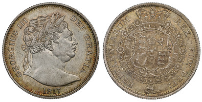 1078025 GREAT BRITAIN. George III. (King, 1760-1820). 1817 AR Halfcrown. NGC MS65.  Edge: Reeded. GEORGIUS III DEI GRATIA. Large laureate head right / BRITANNIARUM REX FID: DEF:. Crowned arms within order chain. KM 667; SCBC-3788.

Please use this...