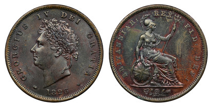 1077082 GREAT BRITAIN. George IV. (King, 1820-1830). 1826 CU Penny. NGC MS63BN (Brown).  GEORGIUS. IV DEI GRATIA. Laureate head left / BRITANNIAR: REX FID: DEF:. Britannia seated right. KM 693; SCBC-3823.

Please use this link to verify the NGC ce...