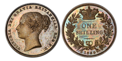 1076966 GREAT BRITAIN. Victoria. (Queen, 1837-1901). 1839 AR Shilling. PCGS PR64 Cameo.  Edge: Plain. VICTORIA DEI GRATIA BRITANNIAR: REG: F: D:. High relief; without W.W. / Crown above denomination within wreath. KM 734.1. Proof; SCBC-3904.

Plea...