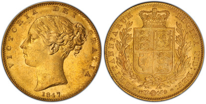 1076731 GREAT BRITAIN. Victoria. (Queen, 1837-1901). 1847 AV Sovereign. PCGS MS63+.  VICTORIA DEI GRATIA. Head left / BRITANNIARUM REGINA FID: DEF:. Without die number. KM 736.1; SCBC-3852; Fr.-387e.

Please use this link to verify the PCGS certif...