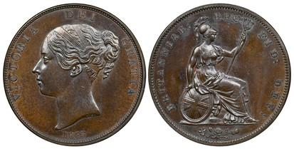 1077095 GREAT BRITAIN. Victoria. (Queen, 1837-1901). 1853 CU Penny. NGC PR64BN (Brown).  VICTORIA DEI GRATIA. Head left / BRITANNIAR: REG: FID: DEF:. Britannia seated right. KM 739. Ornamental trident; SCBC-3948; Peck 1502.

Struck en Medaille.

P...