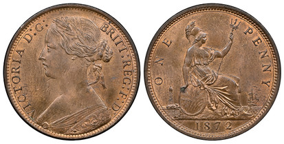 1077099 GREAT BRITAIN. Victoria. (Queen, 1837-1901). 1872 AE Penny. NGC MS65BN (Brown).  VICTORIA D:G: BRITT: REG: F:D:. Laureate bust left / Britannia seated right. KM 749.2; SCBC-3954.

Toothed border, without die number.

Please use this link t...