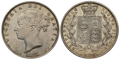 1077091 GREAT BRITAIN. Victoria. (Queen, 1837-1901). 1885 AR Halfcrown. NGC MS63.  Edge: Reeded. VICTORIA DEI GRATIA. Second young head left / BRITANNIARUM REGINA FIE: DEF:. Crowned arms within branches. KM 756; SCBC-3889.

Please use this link to...