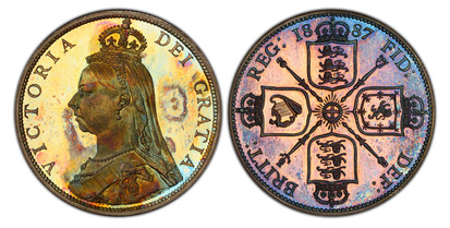 1077092 GREAT BRITAIN. Victoria. (Queen, 1837-1901). 1887 AR Florin, Two Shillings. PCGS PR65 Cameo.  VICTORIA DEI GRATIA. Bust left wearing small crown and veil / BRITT: REG: date FID: DEF:. Crowned shields of England, Scotland and Ireland, scept...