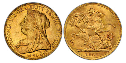 1077569 GREAT BRITAIN. Victoria. (Queen, 1837-1901). 1899 AV Sovereign. PCGS MS64.  VICTORIA · DEI · GRA · BRITT · REGINA · FID · DEF · IND · IMP ·. Mature draped bust left / St. George slaying the dragon. KM 785; SCBC-3874; Fr.-396.

Please use t...