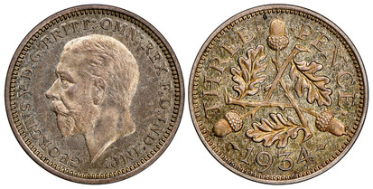 1078241 GREAT BRITAIN. George V. (King, 1910-1936). 1934 AR Threepence. NGC PR66.  Head left / Three oak leaves and acorns divided. KM 831. Proof; SCBC-4042; Bull 3958 [R6&91;; ESC 2147A.

Please use this link to verify the NGC certification number <...