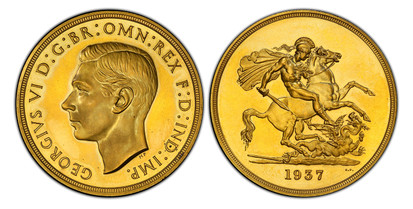 1078312 GREAT BRITAIN. George VI. (King, 1936-1952). 1937 AV Four Piece Proof Set (Half-Sovereign through Five Pounds). PCGS PR64-PR63 Cameo.  London. Edge: Plain. Head left / St. George slaying the dragon. KM 858 through KM 861; SCBC PS15; Fr.-40...