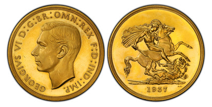 1078313 GREAT BRITAIN. George VI. (King, 1936-1952). 1937 AV Five Pounds. PCGS PR64 Cameo.  Head left / St. George slaying the dragon. KM 861; SCBC-4074; Friedberg 409; W&R 435.
Ex. Peh Family Collection. 

Please use this link to verify the PCGS ...