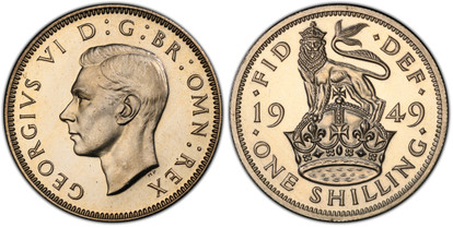 1076678 GREAT BRITAIN. George VI. (King, 1936-1952). 1949 Copper-Nickel Shilling. PCGS PR65 Cameo.  Edge: Reeded. Head left / English crest; lion atop crown dividing date. KM 876. Proof; SCBC-4108; ESC-4194 (Bull, R4).

Please use this link to ver...