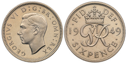 1077314 GREAT BRITAIN. George VI. (King, 1936-1952). 1949 Copper-Nickel Sixpence. NGC PR66.  Edge: Reeded. Head left / without IND IMP. Crowned monogram divides date. KM 875. Proof; SCBC-4110; ESC-4256 (Bull, R5).

Please use this link to verify t...