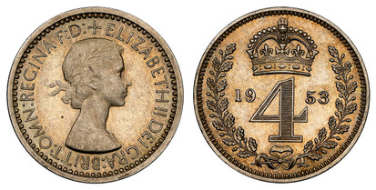 1076836 GREAT BRITAIN. Elizabeth II. (Queen, 1952-2022). 1953 AR Maundy Set. NGC MS66-MS63.  Laureate head right / Crowned value between laurel branches. KM MDS212; SCBC-4126 (SCBC-4127 through SCBC-4130).

Grades as follows: NGC MS66 (Fourpence);...