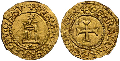 1077968 ITALIAN STATES. Genoa. The Biennial Doges. (First phase, 1528-1541). (1528-1541) ND AV Scudo d'oro del Sole. NGC MS65.  3.39gm. +DVX ET GVBER REIPV GENVE. Sun above stylized castle / +CONRADVS REX ROMANO AB. Cross pattée. CNI III 3; Fr.-41...