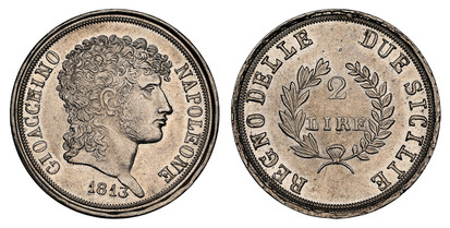 1076885 ITALIAN STATES. Naples & Sicily. Joachim Murat. (King, 1812-1813). 1813 AR 2 Lire. NGC MS62.  Edge: * DIO PROTEGGE IL REGNO. GIOACCHINO - NAPOLEONE. Head to right, date below / REGNO - DELLE - DUE - SICILIE. 2 / LIRE. Denomination within w...