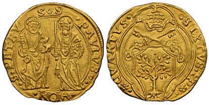 1077969 ITALIAN STATES. Papal States. Sixtus IV. (Pontiff, 1471-1484). (1471-1484) ND AV Ducat. NGC MS64.  Rome. 3.47gm. •S•PETRV SoS •PAVLVSo•// •ROMA•. Standing haloed figures of St. Peter and St. Paul / Papal tiara and crossed keys above shield...