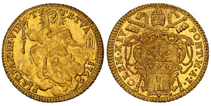 1078297 ITALIAN STATES. Papal States. Clement XIV. 1769-I AV Zecchino. NGC MS63.  CLEMENS · XIV · PONT · ... Papal arms / Radiant Holy Mother Church, seated. KM 1012.

Please use this link to verify the NGC certification number <a href="https://ww...