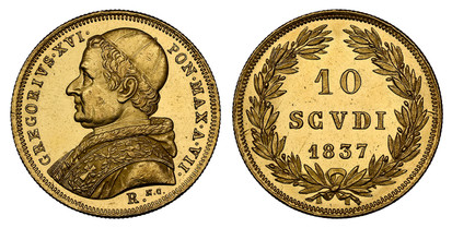 1076820 ITALIAN STATES. Papal States. Gregory XVI. 1837-VII-R AV 10 Scudi. NGC MS63.  GREGORIVS.XVI... Bust left / Value and date within wreath. KM 1108; Friedberg 263; Pagani 159.

Please use this link to verify the NGC certification number <a hr...