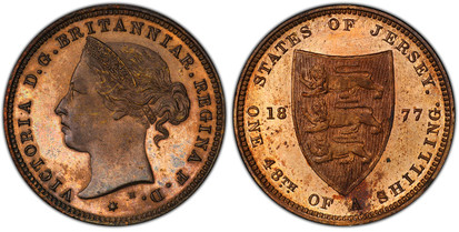 1078191 JERSEY. Victoria. 1877-H AE 1/48 Shilling. PCGS SP65RB (Red-Brown).  Birmingham (Heaton) Mint. VICTORIA D.G. BRITANNIAR... Crowned head left, star below / STATES OF JERSEY... Pointed shield divides date. KM 6; S-7008; Pridmore 54B.

Please...