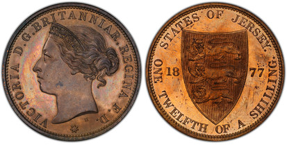 1078192 JERSEY. Victoria. 1877-H AE 1/12 Shilling. PCGS SP65RB (Red-Brown).  Birminghan (Heaton)Mint. VICTORIA D.G. BRITANNIAR... Crowned head left, star below / STATES OF JERSEY... Pointed shield divides date. KM 8.

Please use this link to verif...