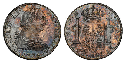 1077373 MEXICO. Charles III. 1776-MO FM AR 8 Reales. NGC AU58.  Mexico City. CAROLUS · III · DEI · GRATIA ·. Armored bust of Charles III, right / · HISPAN · ET IND · REX · ... Crowned shield flanked by pillars with banner, normal initials and mint...