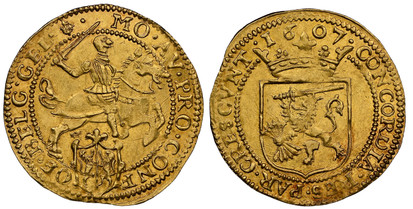 1078248 NETHERLANDS. Gelderland. 1607-Cross AV 1/2 Cavalier d'Or. NGC MS61.  4.91gm. MO AVR PRO CONF - OE BEL(G) GEL. Equestrian figure of knight above arms / CONCORDIA RES PARVAE CRESCVNT. Crowned arms in inner circle, date at top. KM 17.10000000...