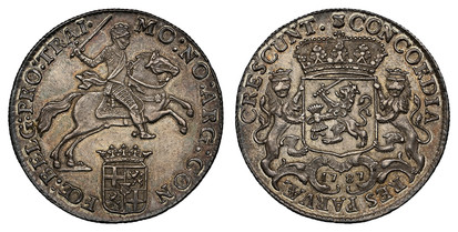 1077005 NETHERLANDS. Utrecht. 1787 AR 1/2 Ducaton, 1/2 Silver Rider. NGC MS63+.  Edge: Reeded. MO : NO : ARG : CON : FOE : BELG : PRO : TRAI ·. Armored knight on horse above crowned shield / CONCORDIA RES PARVÆ ... Crowned arms of Utrecht, with su...