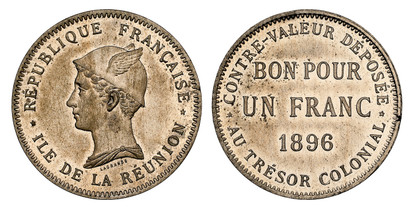 1076099 REUNION. 1896 Copper-Nickel Essai Franc. NGC SP63.  By Lagrange. Edge: (cornucopia) MCHOR ESSAI. REPUBLIQUE FRANCAISE... Winged, helmeted head, left; signed below truncation / CONTRE-VALEUR DEPOSEE... Value, date. KM E2; Lecompte 44.

Plea...