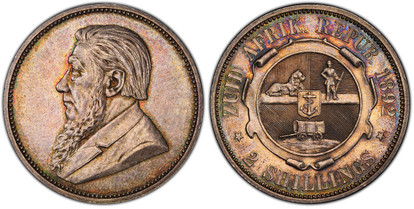 1076550 SOUTH AFRICA. Paul Kruger. (President, 1825-1904). 1892 AR 2 Shillings. PCGS PR62.  By Otto Schultz. Berlin. Edge: Reeded. Bust left / Arms within design. KM 6; Hern-Z23.

From a tiny mintage of just 50 pieces struck. The coins of the 1892...