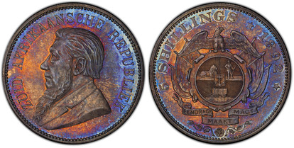 1078164 SOUTH AFRICA. 1892 AR 5 Shillings. PCGS PR64.  ZUID AFRIKAANSCHE REPUBLIEK. Bust left / Double shaft on wagon tongue. KM 8.2; Hern Z36.

Mintage of 25-30 pieces, extremely rare. Beautifully toned.

Please use this link to verify the PCGS c...