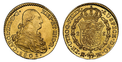 1077527 SPAIN. Charles IV. 1801-(Crowned M) FA AV 2 Escudos. NGC MS63.  Madrid. CAROL · IIII · D · G · HISP · ETIND · R ·. Bust right / IN · UTROQ · FELIX ... Crowned arms in order chain. KM 435.1.

Please use this link to verify the NGC certifica...