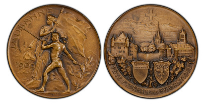 1075155 SWITZERLAND. Lausanne Canton. 1909 Bronze Medal. PCGS SP64.  By the Holy Freres. Edge: Plain. 36mm. 23.06gm. LAUSANNE 1909. Gymnast with spear walking left, Helvetia holding flag behind / FETE FEDERALE GYMNASTIQUE. Two shields in front of ...