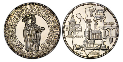 1075179 SWITZERLAND. Freiburg. 1981 AR Medal. PCGS SP62.  Edge: Plain. 33mm. 15.06gm. Assemblage of each town's iconic structures, Murten, Morat, Fribourg and Gruyeres. Stamped (IM) 900 below / Bishop standing with crozier; legend on tow lines aro...