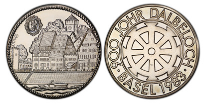 1075180 SWITZERLAND. Basel. 1983 AR Medal. PCGS SP64.  Edge: Plain. 33mm. 14.57gm. Basel shield or arms to left above view of the city and river with a boat / 900 JOHR DALBELOCH * BASEL 1893 *. Eight-spoked cog or wheel; legend around.

For the 90...