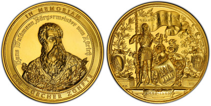 1077349 SWITZERLAND. Zurich. 1989 AV Medal of 85 Ducats Weight. PCGS SP68.  By Huguenin Freres & Co. Edge: Plain. 70mm. 299.27gm. IN MEMORIAN/ DIE ZURCHER ZUNFTE// HANS WALDMANN BURGERMEISTER VON ZURICH. Facing bust to right / GRANDSON MURTEN/ ✭ N...