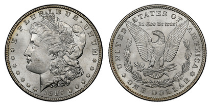 1068582 UNITED STATES OF AMERICA. 1887 AR Morgan Dollar. NGC MS64.  By George T. Morgan. U.S. Mint, Philadelphia. E.PLURIBUS.UNUM. Laureate head left, date below flanked by stars / UNITED STATES OF AMERICA. Eagle within 1/2 wreath. KM 110.

Please...