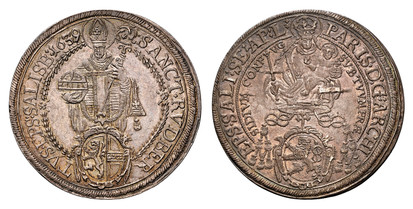 1077899 AUSTRIAN STATES. Salzburg. Paris von Lodron. (Archbishop, 1619-1653). 1639 AR Thaler. NGC MS62.  Madonna above shield of arms / St. Rupert standing facing. KM 87; Dav.-3504.

Please use this link to verify the NGC certification number <a h...