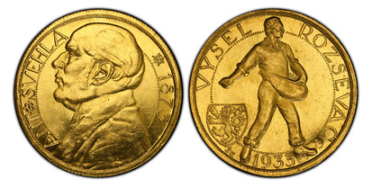 1078459 CZECHOSLOVAKIA. Republic. (1918-1939). 1933 AV Medallic Ducat. PCGS MS62.  ANT * SVEHLA • 1873. Bust, left / VYSEL - ROZSEVAC (SE) [987&91; (-). Standing male figure sowing seeds; shield of arms below left with hallmarks and fineness stamped ...