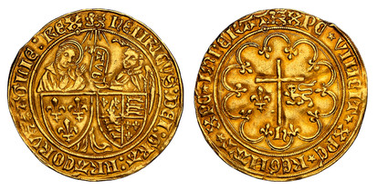 1077880 FRANCE. Henry VI. (King, 1422-53). (1422-53) AV Salut d'Or. NGC AU58.  (lion mm) hЄИRICVS : DЄI : GRA : FRACORV : Z : AGLIЄ : RЄX. Virgin Mary standing behind the arms of France facing the Archangel Gabriel standing behind the quartered ar...