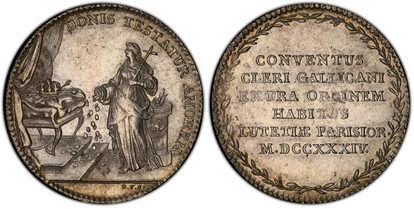 1077988 FRANCE. Louis XV. 1734 AR Jeton. PCGS MS62.  By J. DuVivier (D.V.). 30mm. DONIS TESTATUR AMOREM (Showing love through donations). Allegorical figure of Religion standing facing the monarchys throne, a crown and crossed sceptrers sat upon i...