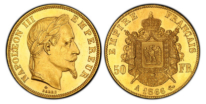 1077885 FRANCE. Napoleon III. (Emperor, 1842-1870). 1866-A AV 50 Francs. PCGS MS63.  By Barre. Paris. NAPOLEON III EMPEREUR. Laureate head right / EMPIRE FRANCAIS. Crowned and mantled arms divide denomination. KM 804.1; Fr.-584.

Please use this l...