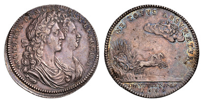 1077876 GREAT BRITAIN. England. William and Mary. (King and Queen, 1688-1694). 1689 AR Coronation Medal. NGC AU55.  By J. Roettier. GVLIELMVS. ET. MARIA, REX. ET. REGINA. Conjoined busts right / NE TOTVS ABSVMATVR. Zeus thunders against Phaeton wh...