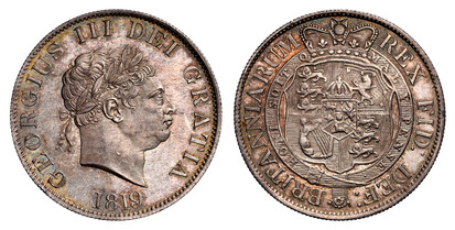 1077944 GREAT BRITAIN. George III. 1819 AR Halfcrown. NGC MS64+.  Edge: Reeded. GEORGIUS III DEI GRATIA. Small laureate head right / BRITANNIARUM REX FID: DEF:. Crowned arms within order chain. KM 672; SCBC-3789; ESC-2102 (Prev. ESC-623).

Please ...